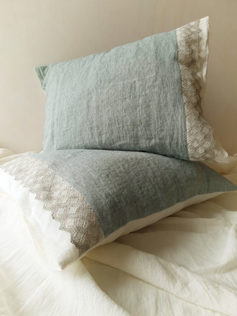 Lace Linen PILLOWCASE From Softened Offwhite and Bluish Green Etsy