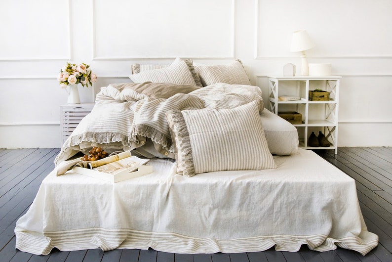 Ruffle Linen DUVET SET Lace Bedding Set Washed Heavy Linen Etsy