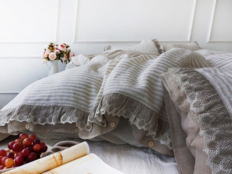Ruffle linen DUVET SET lace bedding set washed heavy linen Etsy
