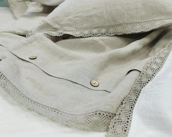 Lace Trimmed Linen DUVET SET. Two Sided Natural Flax, Off White Softened Bed Linen. US Queen Comforter Cover, Standard Pillowcases