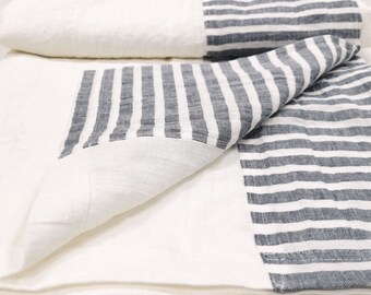 Off-White Linen Flat Sheet: Blue Striped Hem, Softened Linen