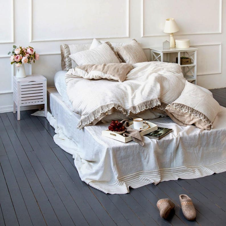 Ruffle Linen DUVET SET Lace Bedding Set Washed Heavy Linen Etsy