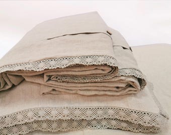LACE BEDDING in natural flax stonewashed pure linen - farmhouse chic duvet set - quilt cover, pillowcases - custom, oversized California set