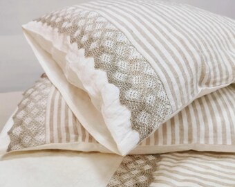 Wide Lace Decorated Linen PILLOWCASE in Natural Striped and Off-white Softened Linen. Rustic Pillow Sham. Custom Sizes Available