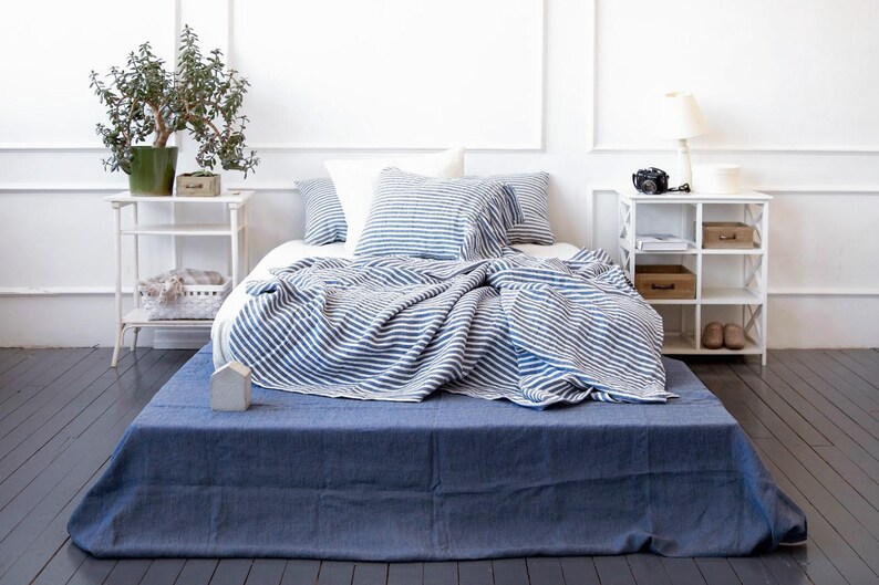 Soft Linen Duvet Set Blue White Striped Nautical Pure Cover Pillowcases Twin Queen Cal King Bedding