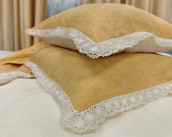 Lace Trimmed Reversible PILLOWCASE in Yellow, Off White Softened Pure Linen. Farmhouse Chic Stonewashed Pillow Sham. Luxury PIllow Cover