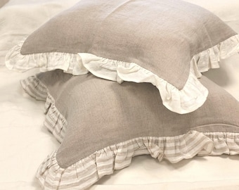 Softened Linen Pillowcase with Small Ruffles. Farmhouse Chic Soft Pure Linen Sham. Home Decor Cozy Gift. Size 20x20" | 50x50cm