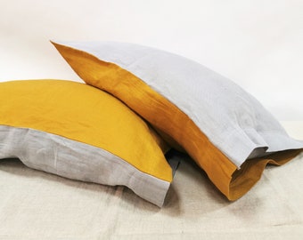Linen PILLOWCASE, reversible pillow sham in mustard yellow and grey. Standard Queen King body pillow covers from softened linen