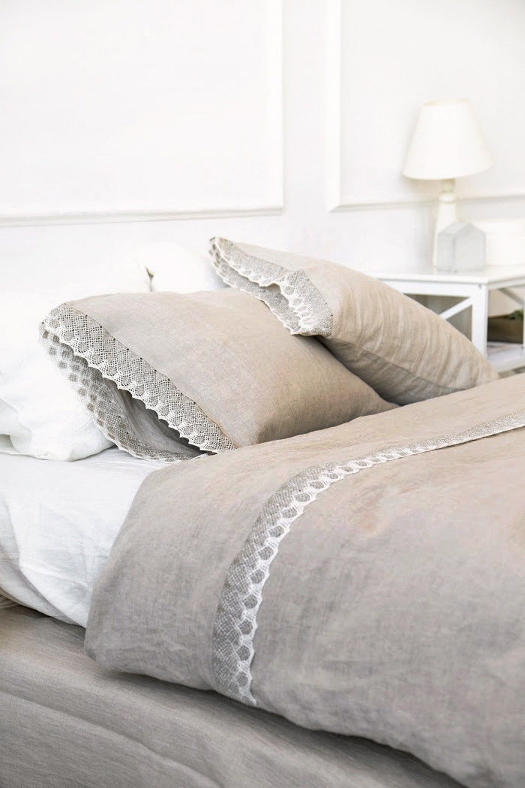 Linen DUVET COVER With Linen Lace Natural Flax Beige Linen Quilt Cover