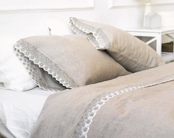 Linen DUVET COVER with linen lace - natural flax beige linen quilt cover, stonewashed linen doona cover - Twin Queen King lace bedding