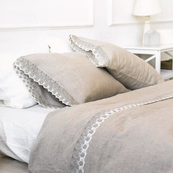 Lace Linen Duvet Cover: Natural Flax Beige Stonewashed Bedding