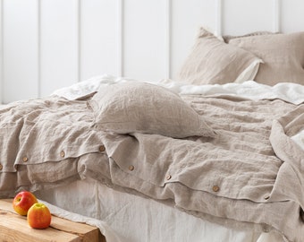 Linen Lace Trimmed Duvet Set. Two Sided Natural Flax, Off White Softened Bed Linen. US QUEEN with Two Standard Pillowcases. 229x224cm Size