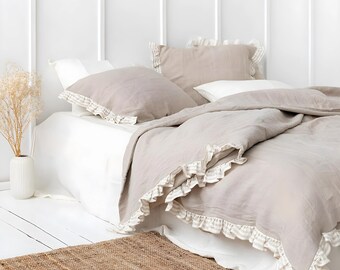 Softened European Linen DUVET SET with Striped Ruffles - Natural Flax Bedding - Farmhouse Chic Quilt Cover, Pillowcases - Oversized Sizes