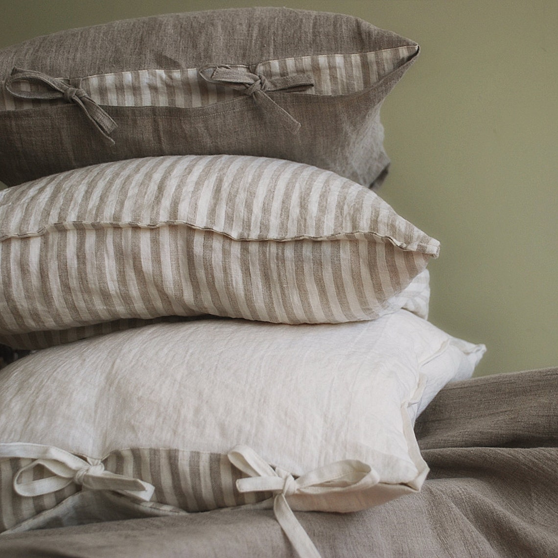 Vintage Linen Pillow Case With Ties Stone Washed Linen Pillow Etsy