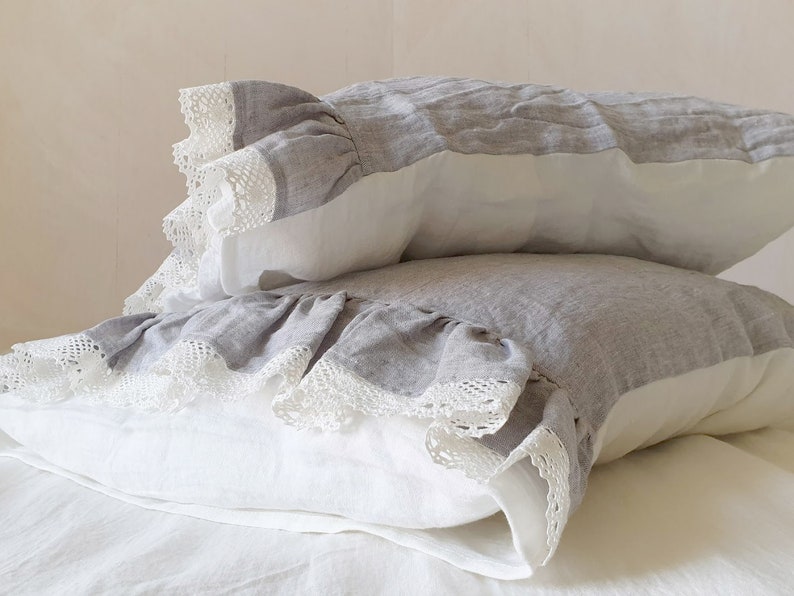 Ruffled Lace Trimmed Linen PILLOWCASE in Melange Grey and Etsy