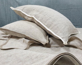 Linen PILLOW SHAM with linen trim and zipper closure - softened rustic heavy linen throw pillow cover - Queen King linen cushion covers