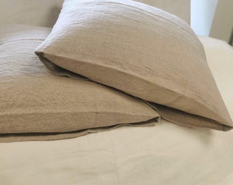 Set of 2 Housewife Linen Pillowcases from Softened Dye-free Natural Flax Beige Linen. Size US KING 20x36" or 51x91cm