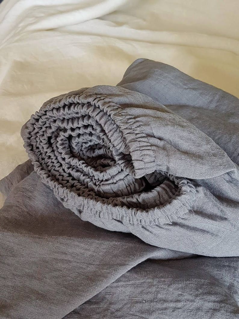 Linen FITTED SHEET in Melange Bluish Green Linen Deep Pocket Etsy