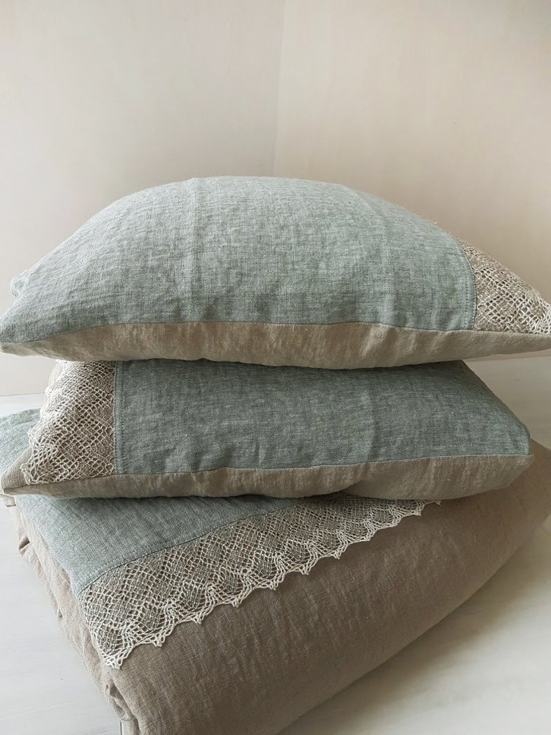 Linen lace PILLOW COVER from washed melange and natural flax linen, pillow sham, pillowslip standard Queen King body pillowcases image 4