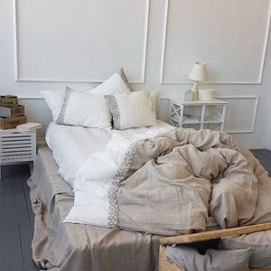 Luxurious Linen Duvet Set with Lace Trim. Stonewashed Pure Linen Bedset, Quilt, Pillow Covers. Customizable Natural Bedding, Size Options image 3