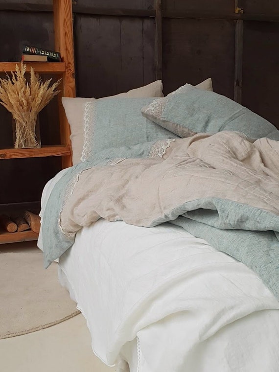 Lace Linen Bedding Set From Washed Heavier Sea Green Melange And Natural Flax Duvet Cover Pillowcases Queen King