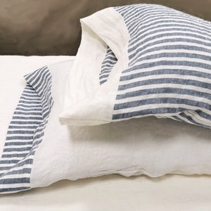 Linen PILLOW CASE with contrasting linen hem - washed linen pillow cover, natural linen pillow sham - Queen King linen bedding