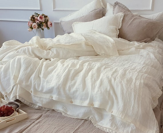 Linen Lace Bedding Set In Off White, White Ruched Duvet Cover Full Length Size