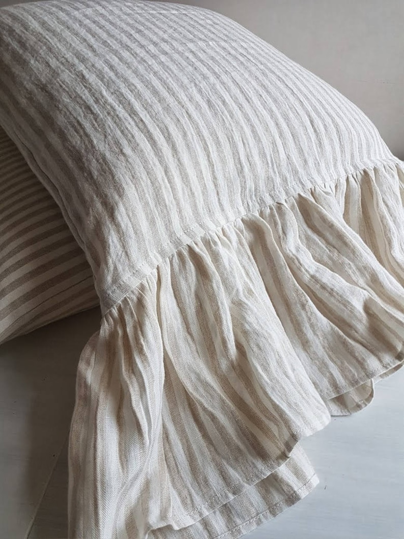 Striped Linen Pillowcase With Ruffles Natural Pillow Cover Etsy UK