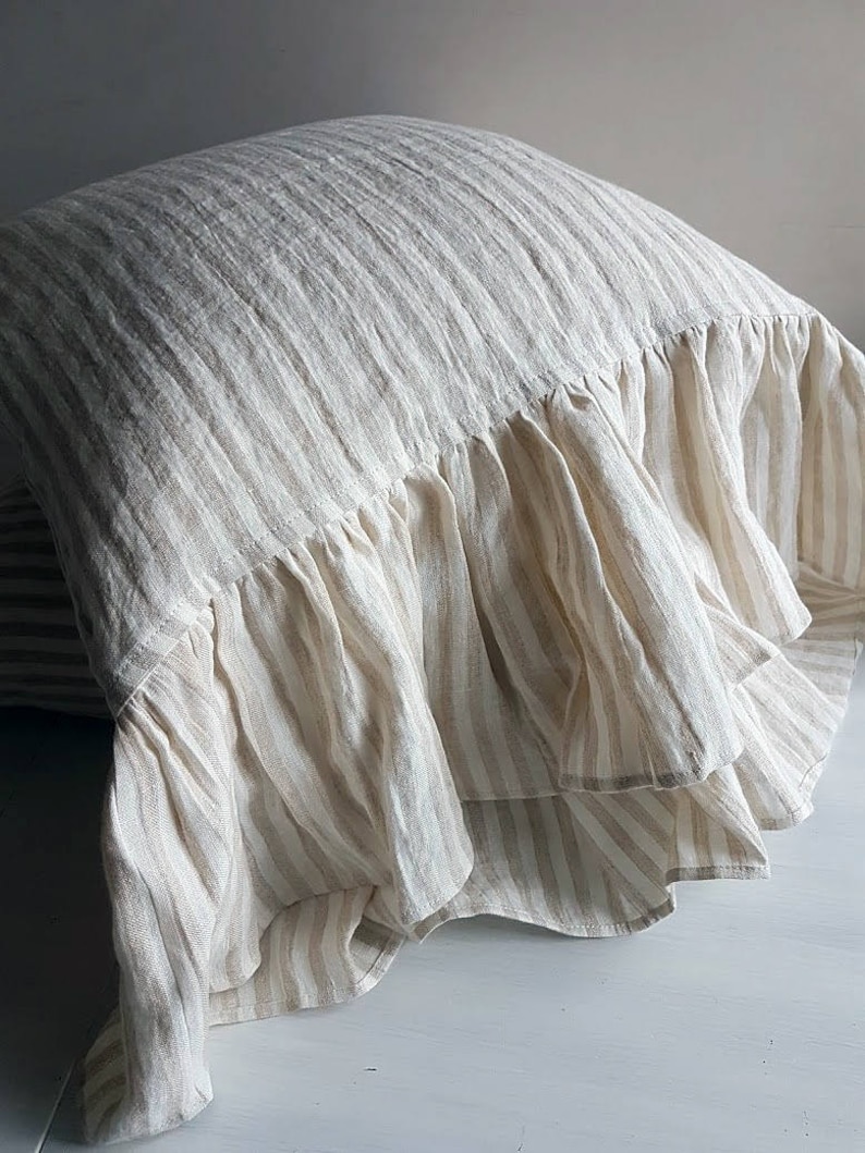 Striped Linen Pillowcase With Ruffles Natural Pillow Cover Etsy UK