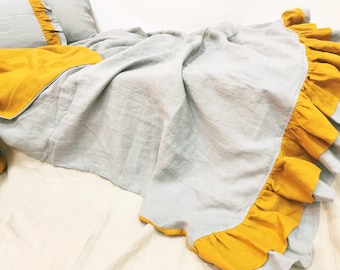 Linen DUVET COVER with ruffles at the bottom in mustard yellow and grey stonewashed linen - quilt cover - Queen King chic style bedding