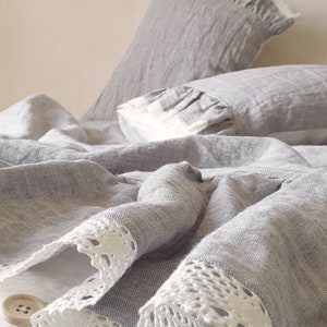 BEDDING SET With Ruffled Lace at the Bottom in Melange Grey and Off ...