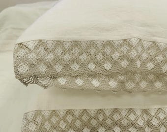 2 Units of Lace Linen Pillowcases in Off-White Softened Linen.  Lace Decorated Pillow Shams. Pillow Covers in US Standard Size.