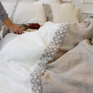 Luxurious Linen Duvet Set with Lace Trim. Stonewashed Pure Linen Bedset, Quilt, Pillow Covers. Customizable Natural Bedding, Size Options image 4