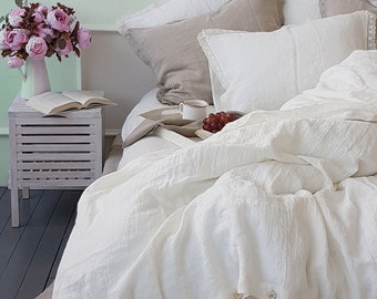 OFF WHITE Linen Set of Comforter Cover and Pillows Ivory White Linen Bedding  Linen Doona Cover the Linen Valley Linen Bed Set 