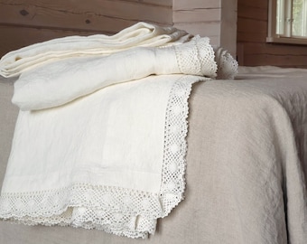 Linen Lace Trimmed FLAT SHEET in Optic White Linen, Shabby Chic Top Sheet, Ready-to-ship, 150x250cm or 59x98 inches Size