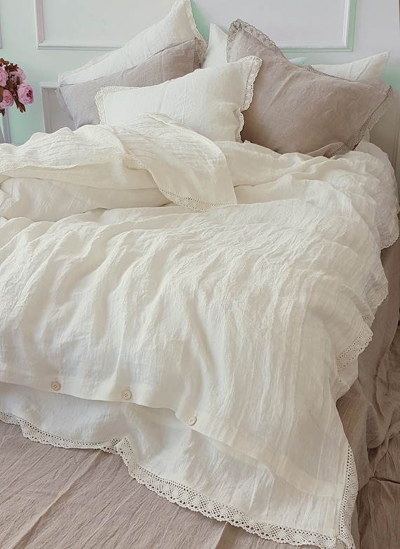 Linen LACE BEDDING SET in off White, Optic White, Natural Flax Softened Linen  Duvet Set Linen Duvet Cover, Pillowcases Twin Queen King 