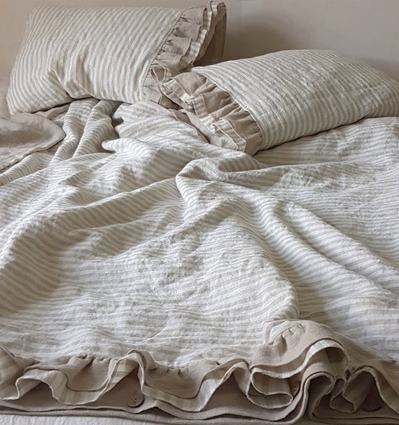 Ruffled Linen Duvet Cover Softened Heavier Striped Linen Etsy