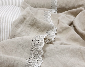 Shabby chic TOP SHEET from washed natural flax grey linen - pure linen lace trimmed flat sheets - Twin Full Queen California King bed sheets