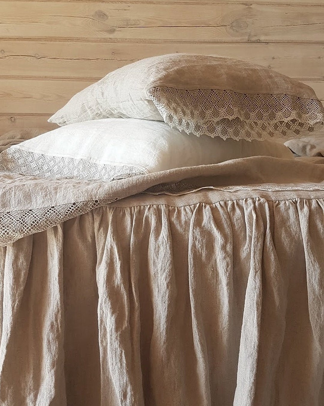 Lace Trimmed Linen PILLOWCASE in Natural Flax or Offwhite Washed Linen