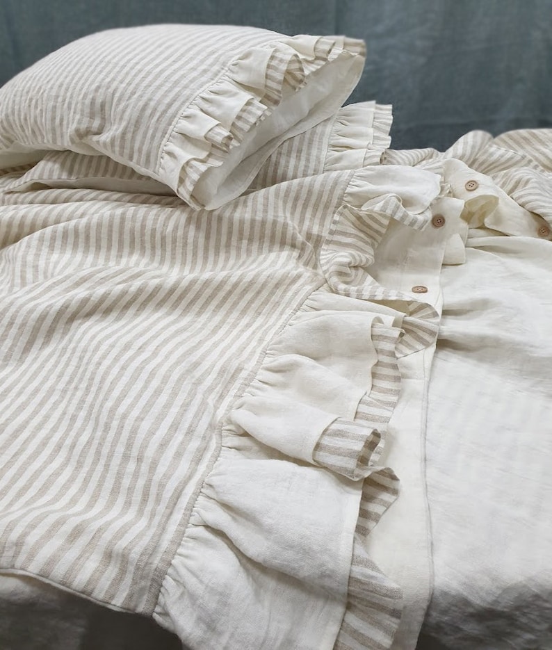Ruffled Duvet Cover In Off White And Striped Softened Linen Quilt With Ruffles At Bottom Queen King Bedding