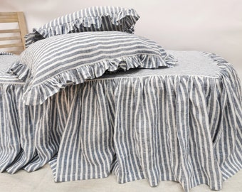 Nautic blue striped ruffle BEDSKIRT - softened linen dust ruffle - farmhouse chic bed skirt - Queen, King ruffle bedding