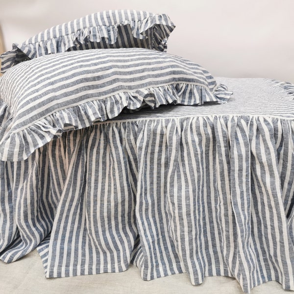 Nautic blue striped ruffle BEDSKIRT - softened linen dust ruffle - farmhouse chic bed skirt - Queen, King ruffle bedding