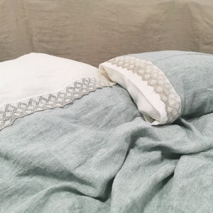Lace DUVET SET from softened bluish green melange and off-white linen - duvet cover, pillowcases - Queen King lace farmhouse linen bedding
