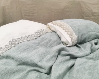 Lace DUVET SET from softened bluish green melange and off-white linen - duvet cover, pillowcases - Queen King lace farmhouse linen bedding