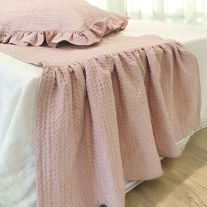 Ruffled Waffle Linen Blend Bed Scarf – Textured Bed Throw – Cottagecore Bedroom Decor – Layered Bedding Accessory