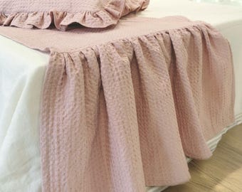 Ruffled Waffle Linen Blend BED SCARF. Softened Linen Cotton Bed Runner for Shabby Chic Bedding