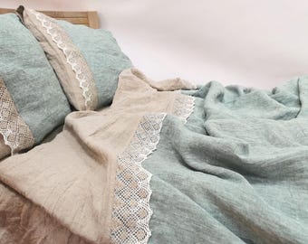 Linen lace DUVET SET in bluish green melange, natural flax. Duvet cover, pillowcases. Queen Cal King Colossal farmhouse soft linen bedding