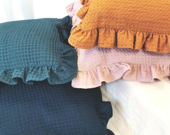 Ruffled Waffle Linen Throw PILLOW COVER. Softened Cotton Linen Blend Decorative Cushion. Deco Throw Pillow Sham