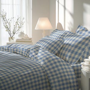 Juego de funda nórdica de lino azul a cuadros: Ropa de cama de lino europeo suave, certificado OEKO-TEX, transpirable, estilo rústico para dormitorio