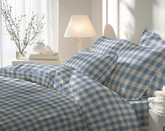 Blue Gingham Linen Duvet Cover Set: Softened European Flax Bedding, OEKO-TEX Certified, Breathable Bed LInen, Cottagecore Bedroom